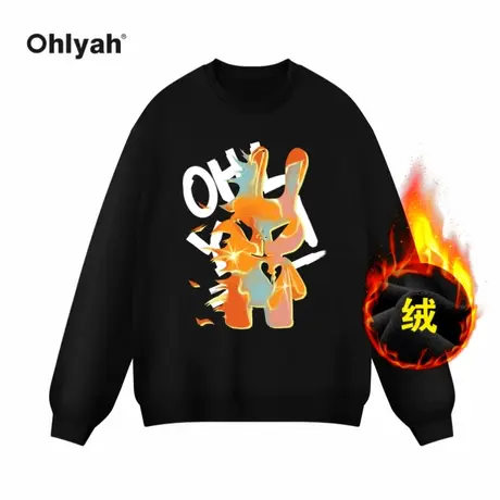 Ohlyah生气兔子印花卫衣男女同款圆领套头衫秋冬加绒情侣宽松长袖图片