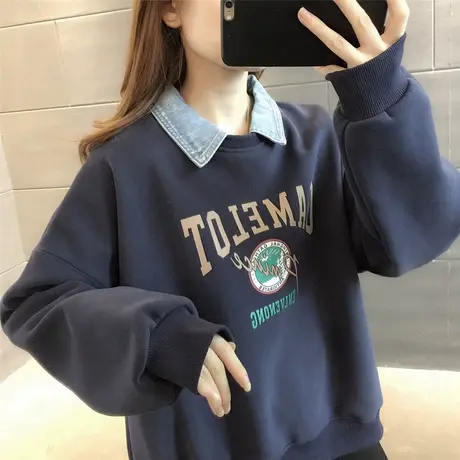2023秋冬牛仔领卫衣女韩版简约字母百搭卫衣宽松加绒加厚洋气减龄图片