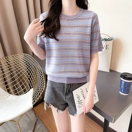 条纹针织衫短袖t恤女2023新款夏季女装薄款宽松半袖上衣圆领体恤图片