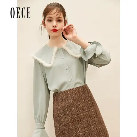 Oece年春夏新款女装 甜蜜复古减龄喇叭袖长袖雪纺衫衬衫上衣商品大图