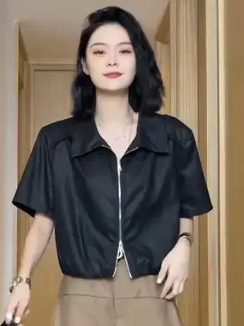 欧货飞飞袖收腰短款衬衫女夏季2023新款设计感薄款拉链短袖上衣潮图片