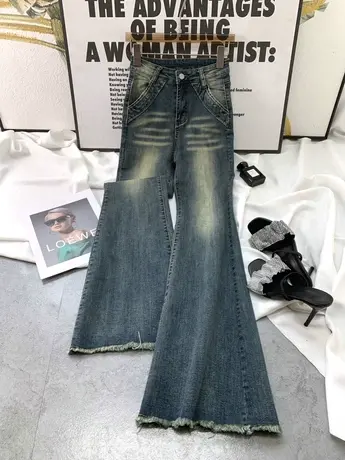 美式复古水洗抓纹高腰牛仔微喇裤女2023早秋新款弹力紧身喇叭裤子商品大图