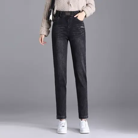 黑色牛仔小脚裤女秋季2023新款松紧腰显瘦哈伦裤子时尚长裤休闲裤商品大图