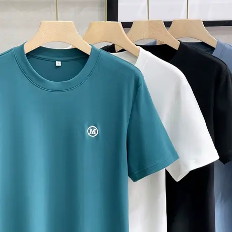 2023新款 降温凉感冰丝棉短袖T恤男潮夏季丝光体恤小刺绣潮流百搭商品大图