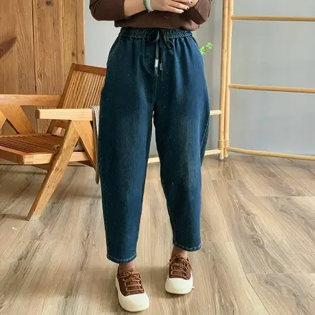 dza 高腰显瘦宽松直筒加绒牛仔裤子女2023冬新款休闲百搭哈伦长裤图片