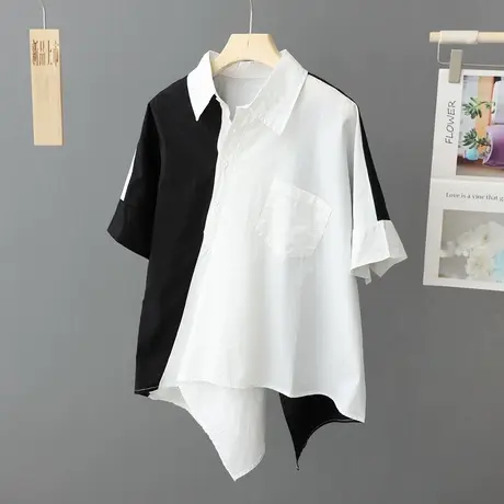 设计感小众拼色衬衫女短袖宽松2024夏季新款叠穿衬衣纯棉上衣小衫图片