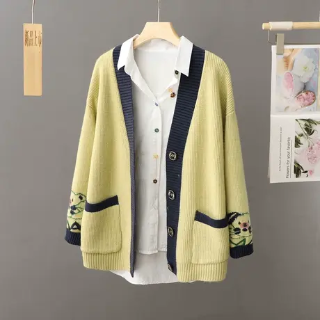 V领单排扣毛衣外套女长袖宽松慵懒风秋冬新款加厚外搭针织开衫潮图片