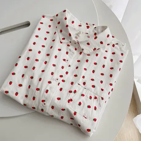 夏季日系文艺小清新波点印花纯棉短袖衬衫女学生宽松打底半袖上衣商品大图