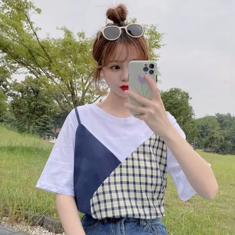 纯棉短袖t恤女夏季大码半袖设计感小众宽松韩版假两件上衣服ins潮图片