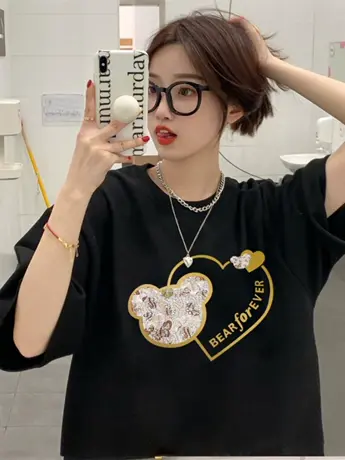 黑色仿棉短袖t恤女2023新款春装夏季ins超火美式复古港味甜酷上衣商品大图