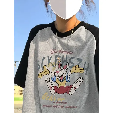 多巴胺女孩穿搭大码插肩t恤夏小众不撞款短袖ins胖mm炸街上衣遮肚商品大图