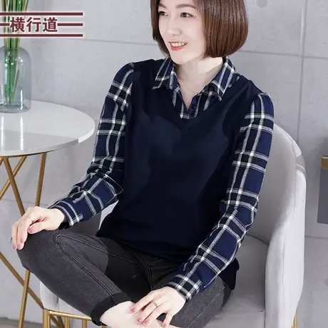 2024新款春季假两件拼接中年妈妈装长袖t恤女装上衣衬衫领打底衫商品大图
