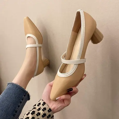 单鞋女2023春季新款粗跟浅口温柔晚晚风高跟鞋法式玛丽珍复古瓢鞋商品大图