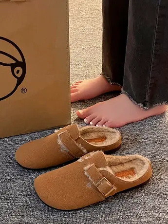 包头半拖鞋女秋冬加绒拖鞋2023年新款软底勃肯拖外穿百搭复古鞋子商品大图