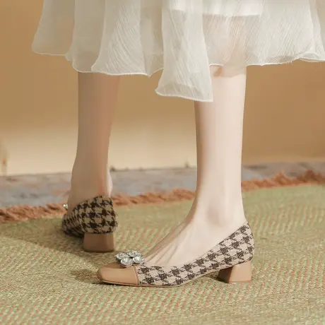 复古方头高跟鞋女粗跟2024年夏季新款拼色水钻单鞋浅口百搭职业鞋商品大图