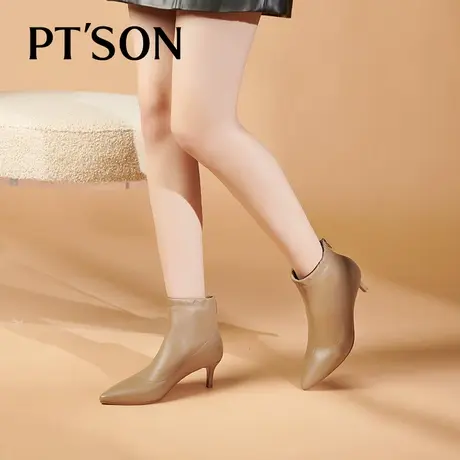 百田森秋冬新款羊皮短靴女气质细跟尖头猫跟纯色真皮时装靴子PTS商品大图