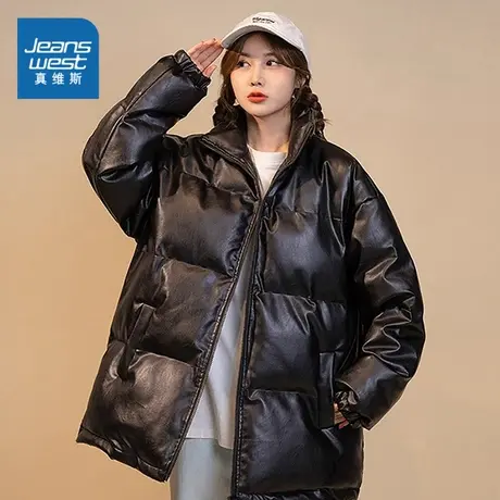 【直播专享】129秒！真维斯冬季新款女装宽松立领PU皮加厚棉服商品大图