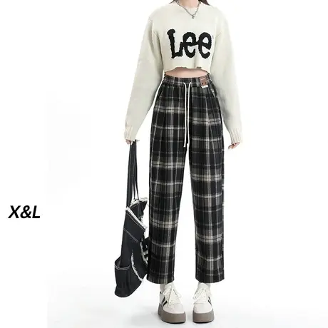 黑白格子哈伦休闲裤女秋冬2023新款加绒加厚显瘦九分萝卜老爹裤子图片