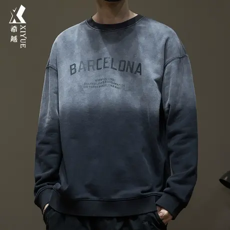 重磅美式渐变水洗卫衣男春季宽松大码男士圆领上衣加肥加大打底衫商品大图