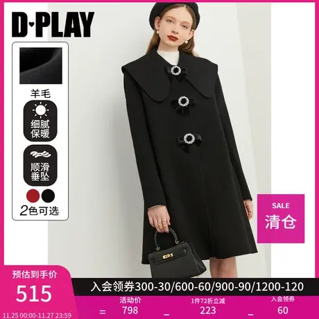 DPLAY秋装冬娃娃领重工丝绒蝴蝶结闪钻装饰黑色羊毛呢大衣商品大图