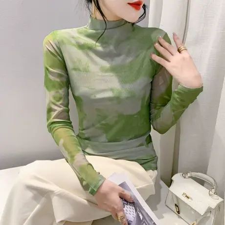 欧货半高领打底衫长袖性感网纱印花秋冬新款T恤洋气内塔上衣修身商品大图