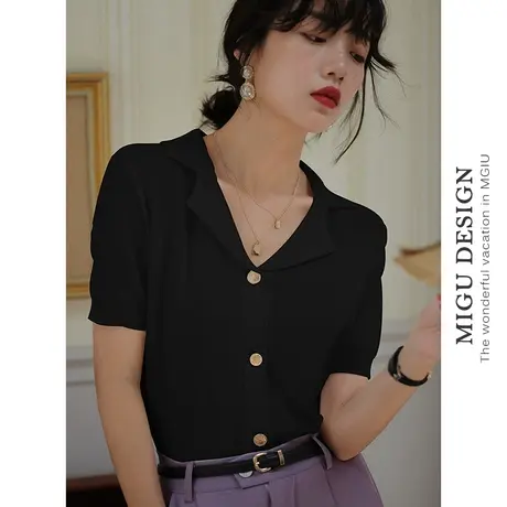 弥古黑色短袖正肩t恤女夏高级感法式polo冰丝针织衫上衣短款衬衣商品大图