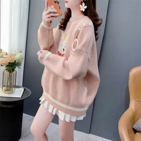 甜美减龄卡通圆领长袖毛衣女秋冬2023年新款宽松洋气学生针织上衣商品大图