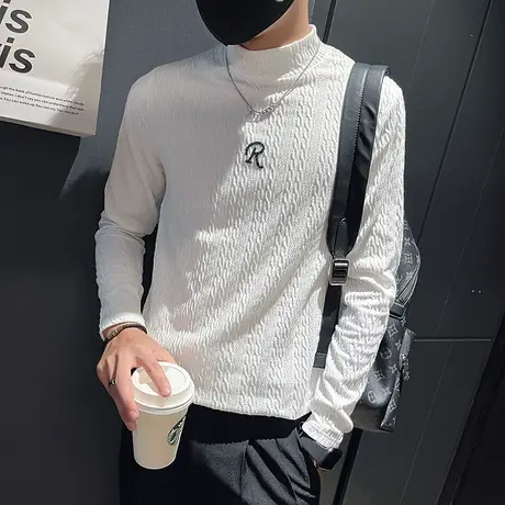 秋季男士t恤打底衫修身潮流体恤快手ins长袖韩版个性麻花时尚休闲商品大图
