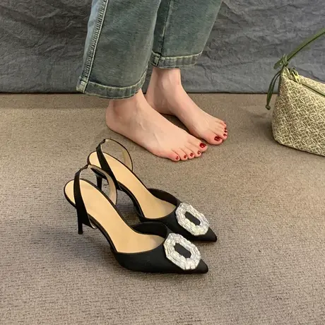 法式高跟鞋女新款2023年尖头水钻后空凉鞋小众设计感细跟通勤单鞋商品大图