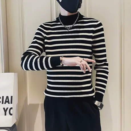 潮流条纹ins半高领毛衣男冬季韩版修身个性休闲毛线衣打底衫体恤商品大图