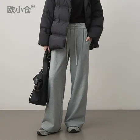 欧小仓 知识分子运动风高端精梳长绒棉松紧腰打褶宽松阔腿运动裤图片