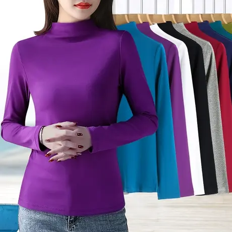 2024新款早春内搭t恤小高领长袖打底衫女弹力修身显身材减龄上衣图片