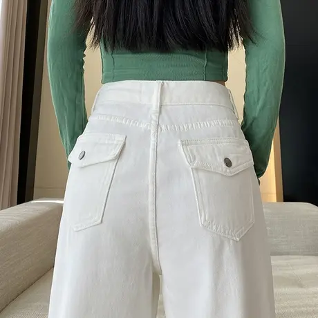白色高腰阔腿牛仔裤女2024春秋新款小个子宽松窄版直筒垂感拖地裤商品大图