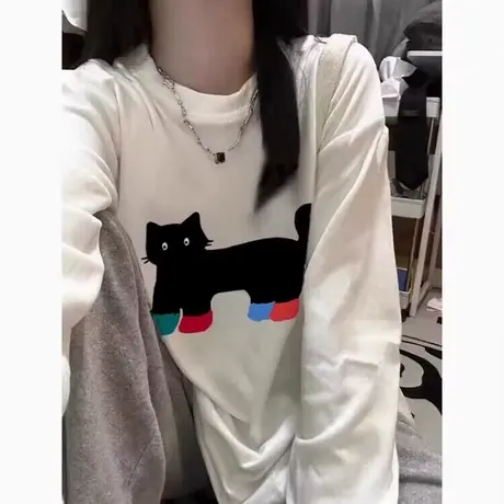 ins超火纯棉长袖T恤女早春装2024新款宽松内搭打底衫外穿潮牌上衣商品大图