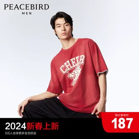 【水洗】太平鸟男装 美式复古短袖t恤男2024年春季新款做旧体恤潮图片
