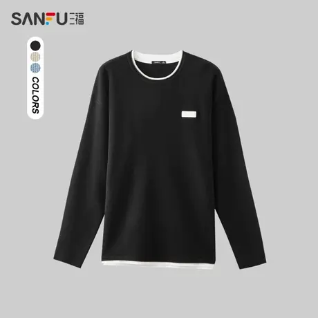 三福2024春季男士卷边假两件毛衣 日系户外圆领上衣男482317商品大图