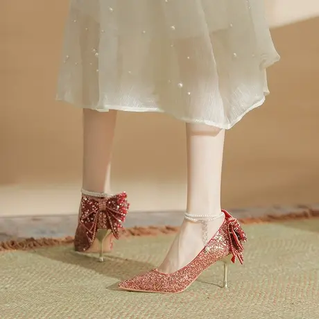 水晶高跟鞋婚鞋新娘鞋女2024年新款尖头珍珠一字扣蝴蝶结细跟单鞋图片