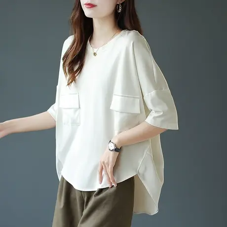 宝诗黎纯白色蝙蝠袖新款薄雪纺衫女宽松小众2023拼接减龄衬衫上衣图片