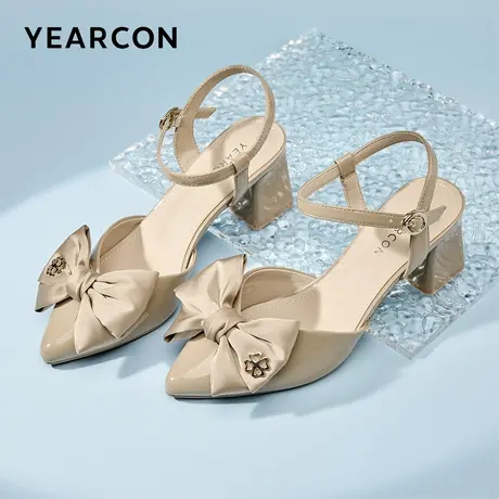 意尔康女鞋夏季包头凉鞋粗跟尖头外穿蝴蝶结一字式扣带法式高跟鞋图片