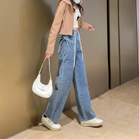 唐狮24年春季新款牛仔裤女工装阔腿裤抽绳高腰宽松显瘦设计感潮流图片