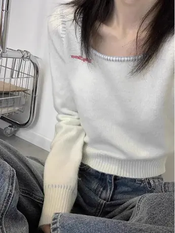 方领毛衣针织衫女秋冬内搭修身温柔风小众设计感长袖外穿短款上衣商品大图