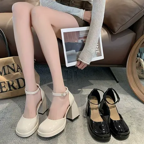 高跟鞋女婚鞋法式一字带玛丽珍鞋防水台粗跟单鞋米白色气质伴娘鞋图片