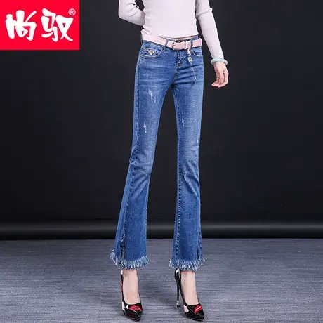 尚驭牛仔裤女九分阔腿喇叭裤2023新款弹力修身微喇裤流苏毛边长裤图片