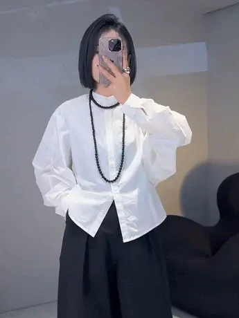 立领宽松白色设计新款2024早春新款衬衫小众简约衬衣长袖复古上衣商品大图