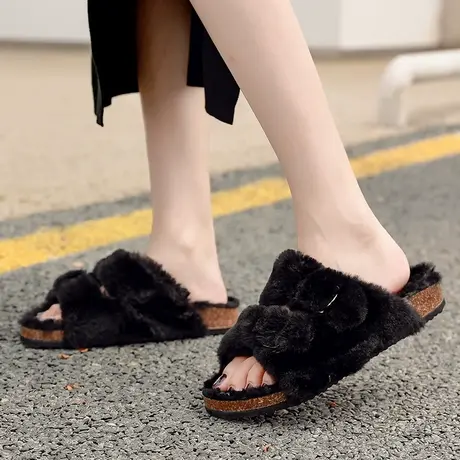 冬季网红毛茸茸高级感凉拖鞋皮毛一体小香风百搭鞋毛毛拖鞋女外穿商品大图