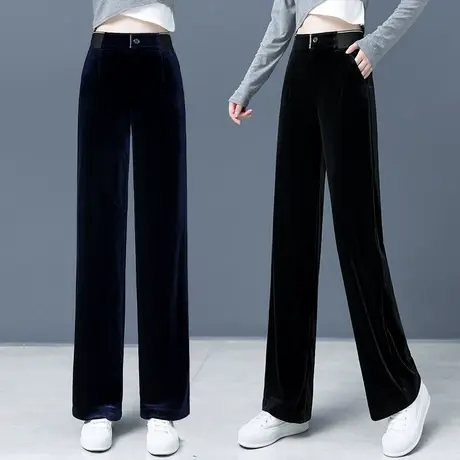 金丝绒阔腿裤女春季2023新款高腰窄版直筒裤休闲显瘦垂感拖地长裤图片