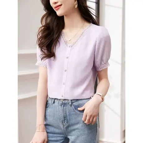 时尚气质蕾丝短袖衬衫2023年夏季新款淑女温柔显瘦通勤V领上衣图片