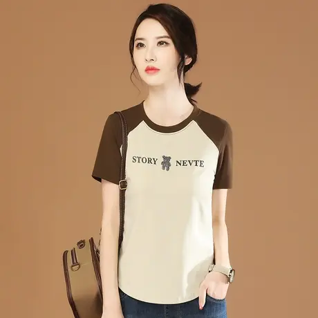 韩潮袭人圆领拼接短袖T恤女2023夏季新款印花正肩体恤上衣设计感图片