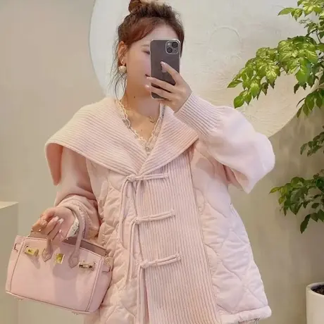 粉色系娃娃领棉服秋冬新款宽松显瘦甜美百搭针织拼接毛衣夹棉外套图片