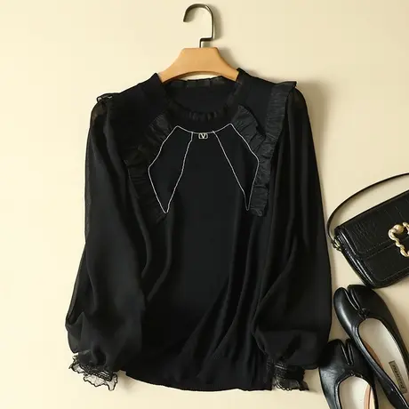 雪纺袖秋装2023年新款冰丝针织衫女长袖上衣宽松洋气蕾丝打底衫女图片